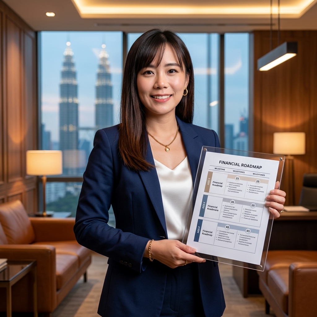 Best Insurance Plan Malaysia - A professional Prudential wealth advisor presenting a lifecycle financial roadmap for ages 25, 35, and 45 in a Kuala Lumpur office | 马来西亚最佳保险计划 - 专业的保诚财富顾问在吉隆坡办公室为您展示25、35和45岁的生命周期财务蓝图