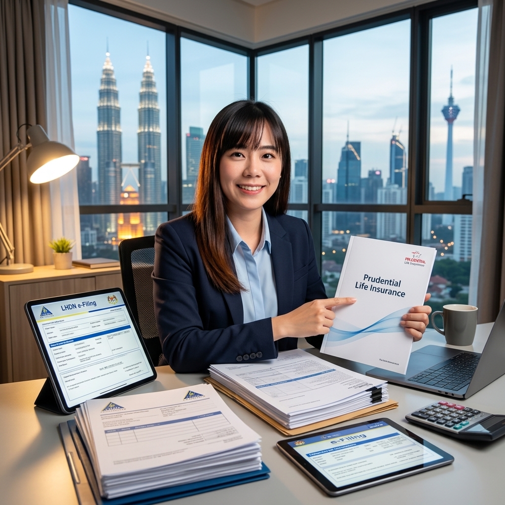 Life Insurance Tax Relief Malaysia - A focused Malaysian professional calculating LHDN taxes with a financial advisor in Penang