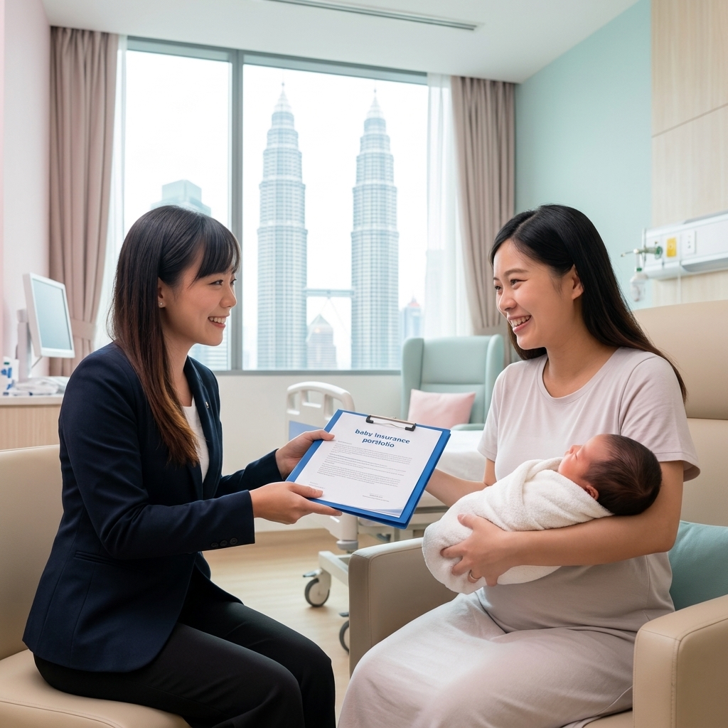 Newborn Baby Medical Card Malaysia - A professional Prudential agent presenting a secure insurance portfolio to a happy young mother holding her newborn baby | 马来西亚新生儿医药卡 - 保诚专业代理人为抱着新生儿的幸福年轻母亲展示安心的保险组合