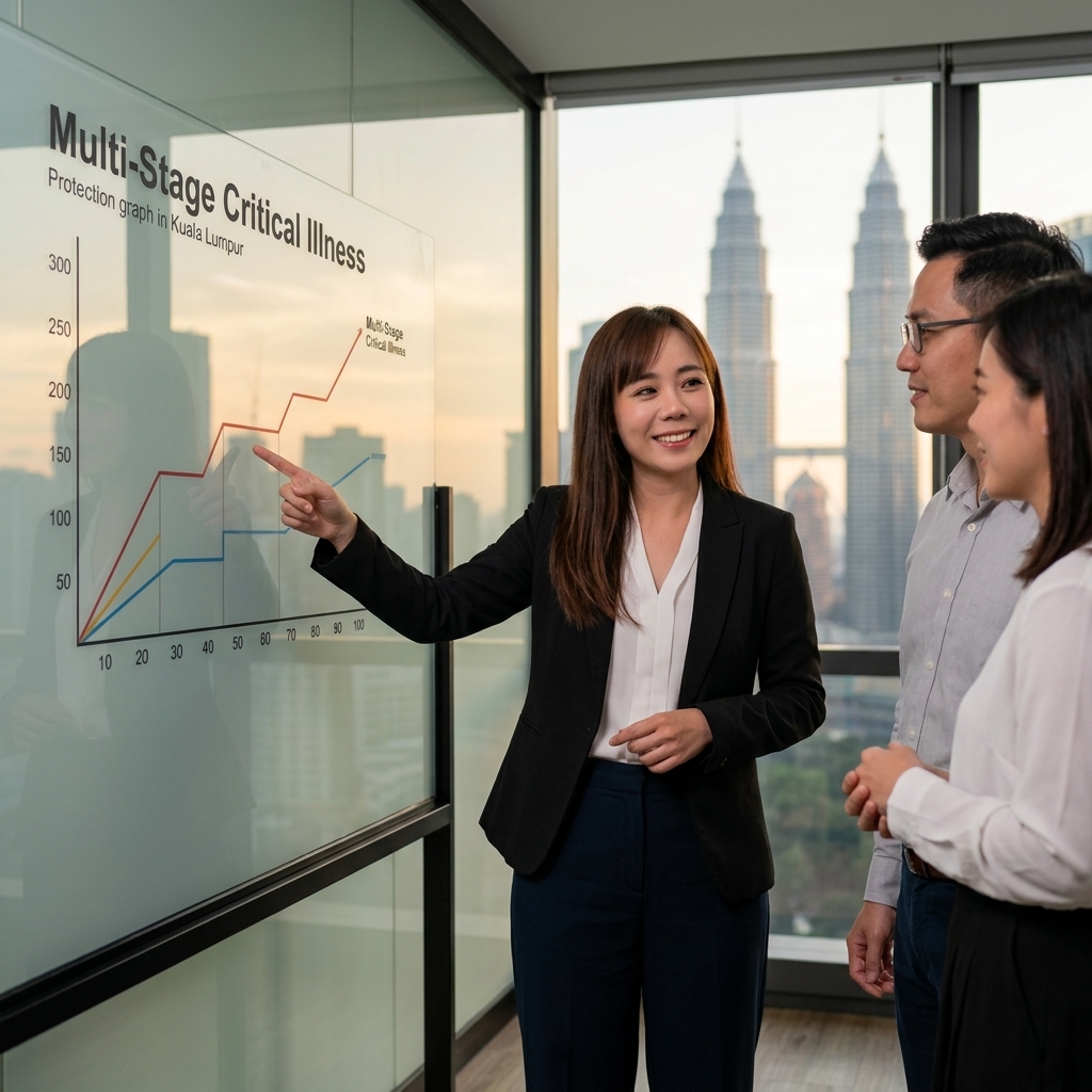 PRUTotal Multi Crisis Care - A professional Prudential agent presenting a multi-stage critical illness protection graph | 保诚PRUTotal Multi Crisis Care - 专业保诚代理人展示多阶段重疾保障图表