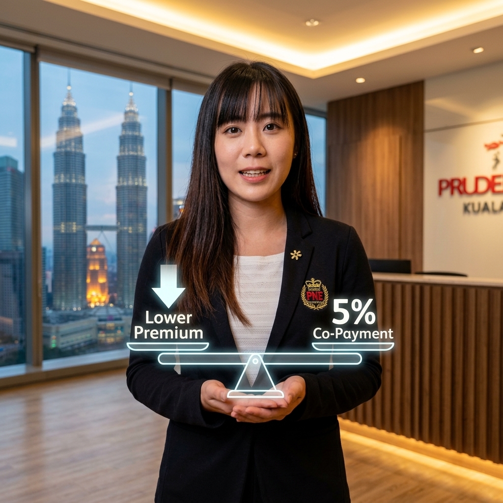 Bank Negara medical card copayment Malaysia - A professional Asian female advisor explaining the difference between full coverage and deductibles using a scale | 国家银行医疗卡共同付款大马 - 一位专业的亚裔女性顾问用天平解释全额保障和免赔额的区别