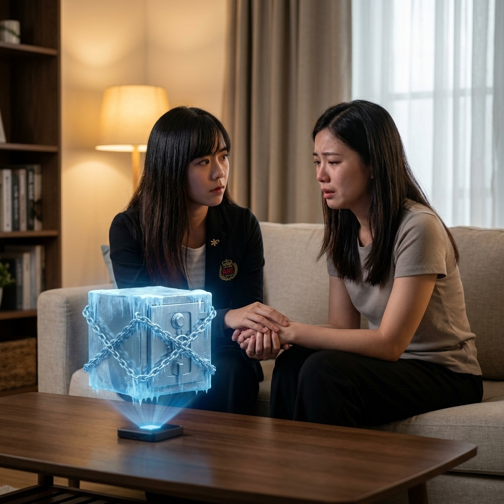 frozen bank account after death Malaysia - A professional Asian female advisor comforting a grieving widow while holding a document showing a frozen bank vault | 大马人死后银行账户冻结 - 一位专业的亚裔女性顾问安慰一位悲伤的寡妇，同时拿着一份显示冻结银行金库的文件