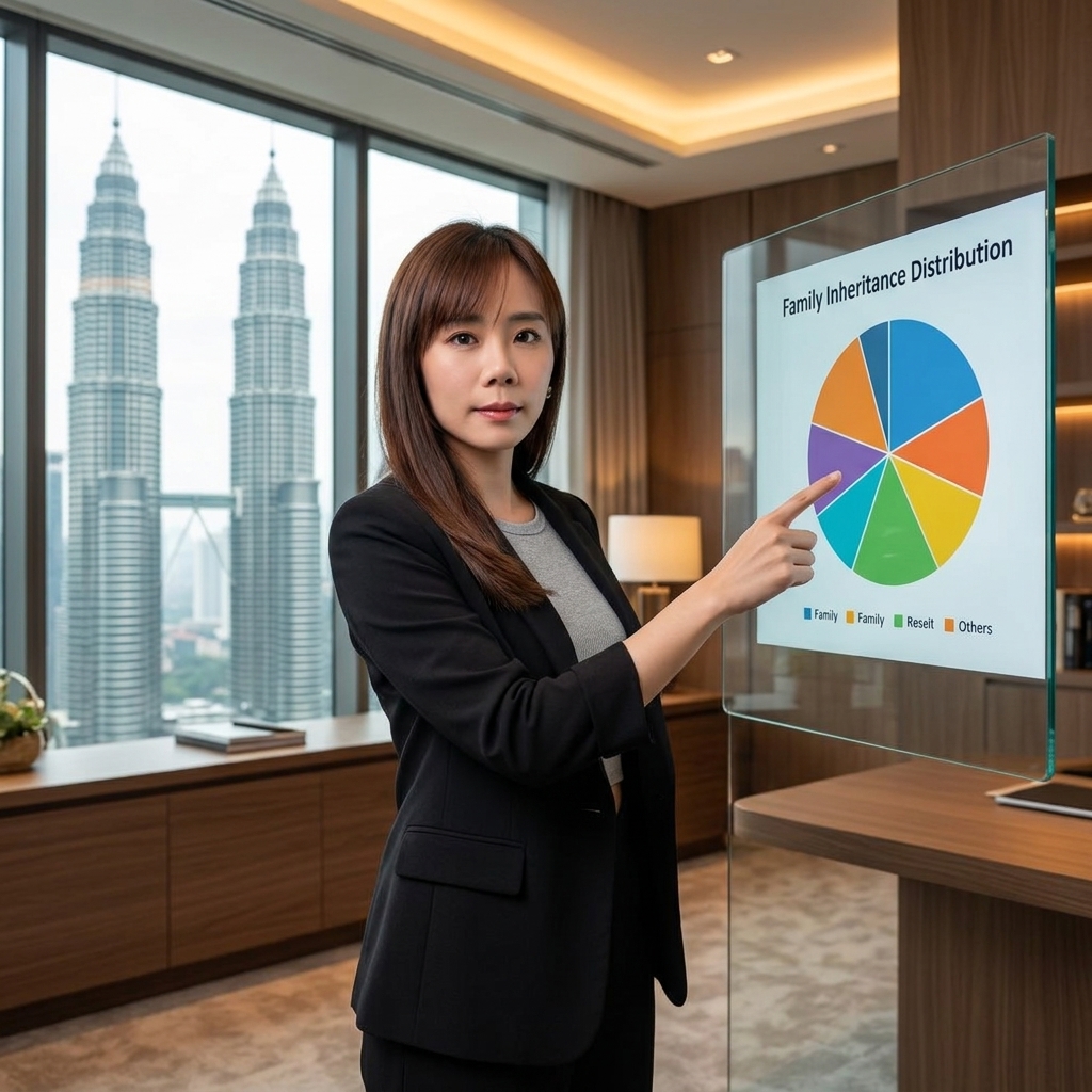 Malaysia Inheritance Law Distribution - A professional Prudential wealth advisor explaining family asset allocation ratios in a Kuala Lumpur office | 马来西亚遗产分配比例 - 专业保诚财富顾问在吉隆坡办公室讲解家庭资产分配法