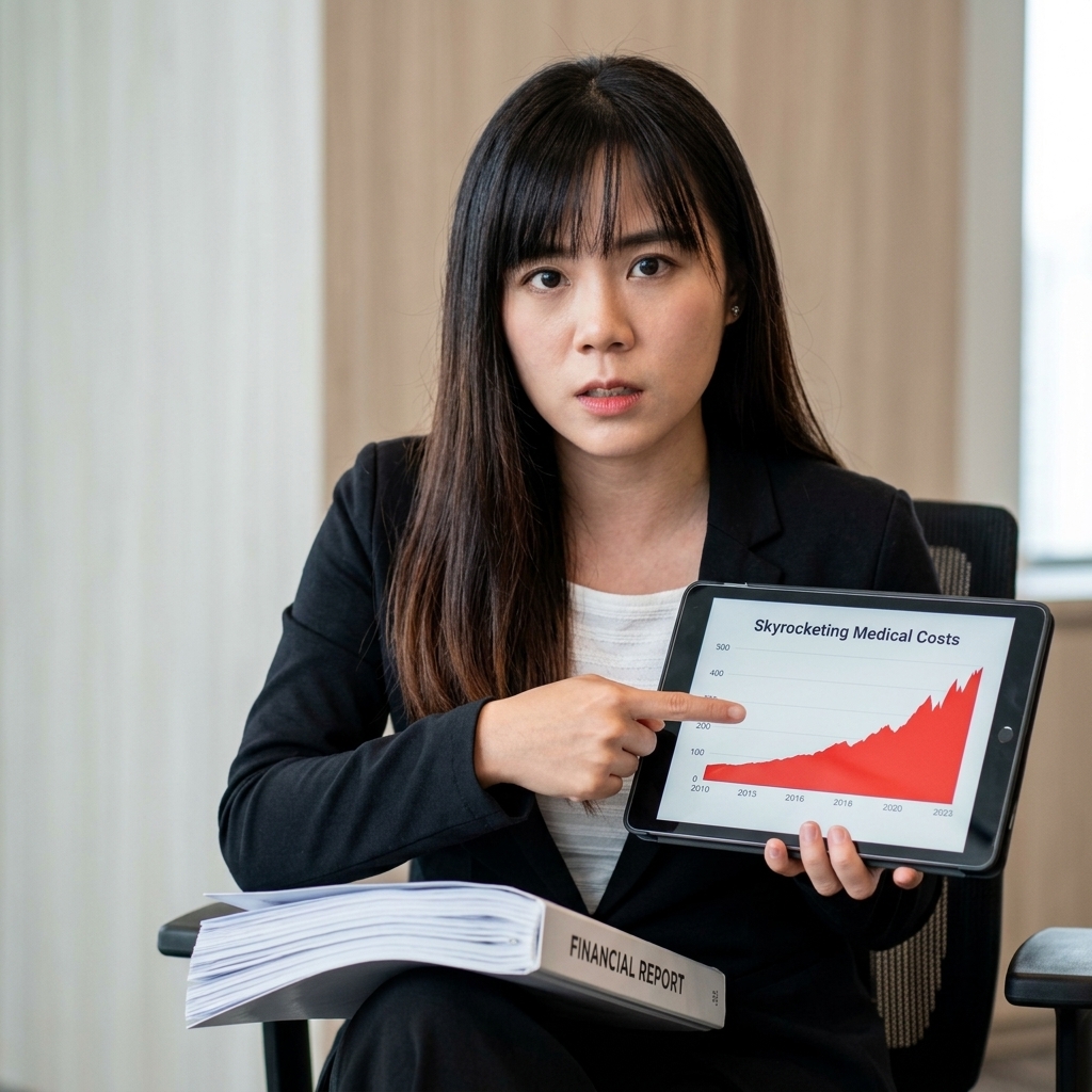 Malaysia Life Insurance Claims 2025 - A professional wealth advisor urgently pointing at skyrocketing medical and disability statistics from the annual 2025 industry report | 大马寿险理赔数据 2025 - 专业的理财规划师极其紧急地指着 2025 年度行业报告中暴涨的医疗和残疾数据