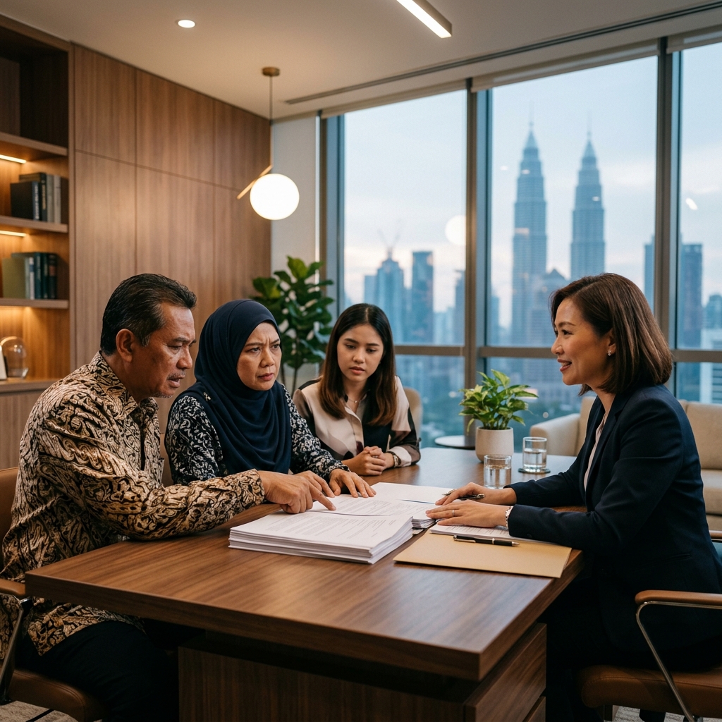 Malaysia Unclaimed Inheritance Money - A professional wealth advisor helping a worried family unfreeze estate assets in a Kuala Lumpur office | 大马未认领遗产 - 专业财富顾问在吉隆坡办公室协助担忧的家庭解冻遗产资产