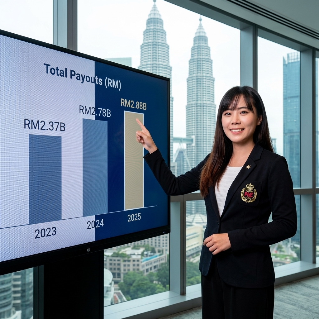 Prudential Malaysia Claims Report 2023-2025 - A professional Prudential agent presenting a bar chart showing the growth of claims from RM2.37B to RM2.88B | 2023-2025大马保诚理赔报告 - 一位专业的保诚代理人正在展示一张显示理赔金从 23.7 亿令吉增长到 28.8 亿令吉的柱状图