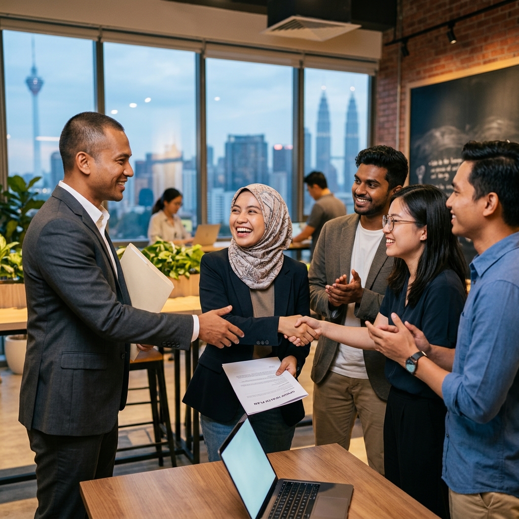 A corporate benefits advisor shaking hands with a happy SME team in Kuala Lumpur | 马来西亚保诚企业团体保险 - 企业福利顾问在吉隆坡与愉快的中小企业团队握手