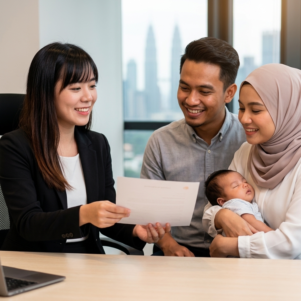 Prudential Payor Rider Malaysia - A compassionate female wealth planner explaining premium waiver benefits to a young Malaysian family | 大马保诚 Payor Rider - 富有同情心的女理财规划师向年轻的大马家庭解释保费豁免福利