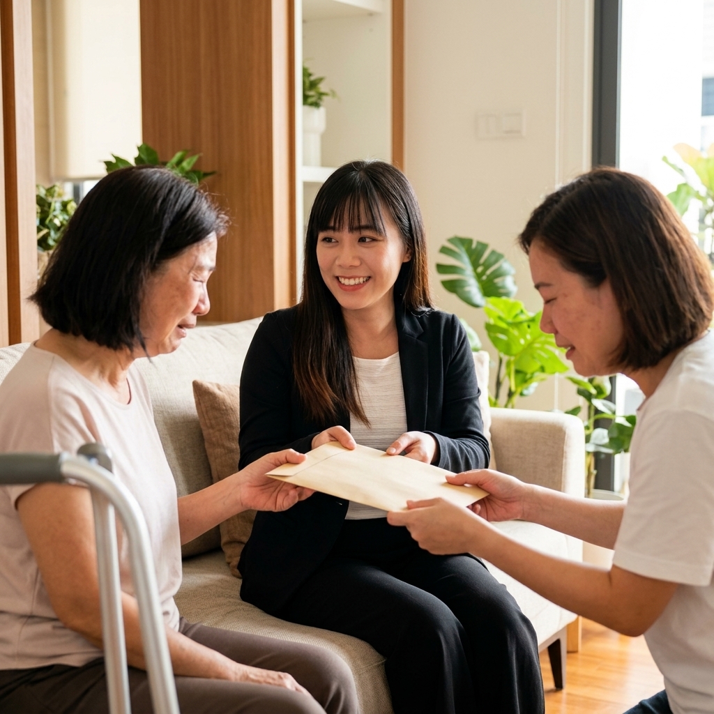 A deeply empathetic wealth planner handing Prudential TPD Insurance Malaysia a life-saving cash payout envelope to a disabled client's family | 大马保诚终身残疾保险 - 一位充满同情心的理财规划师将救命的理赔金信封递给残疾客户的家人