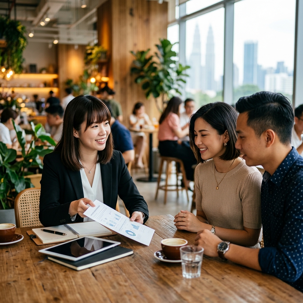 PRULady and PRUMan Malaysia - A modern Malaysian couple discussing gender-specific health insurance plans with a wealth planner | 马来西亚 PRULady 和 PRUMan - 现代大马夫妇与理财规划师讨论性别专属健康保险计划