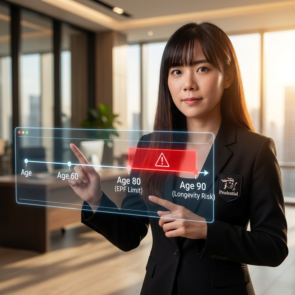 Retirement at age 60 to 90 Malaysia - A professional Asian female advisor explaining the financial gap of longevity risk on a digital timeline | 大马60到90岁退休的长寿风险 - 一位专业的亚裔女性顾问在时间轴图表上解释财务缺口