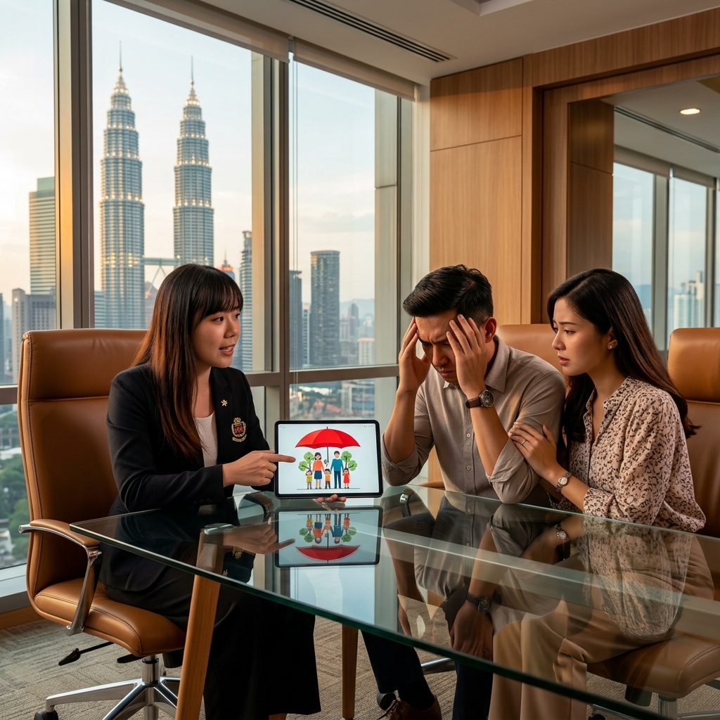 sandwich generation insurance Malaysia - A professional Asian female advisor explaining financial protection to a stressed young couple | 三明治世代保险大马 - 一位专业的亚裔女性顾问向一对焦虑的年轻夫妇解释财务保障