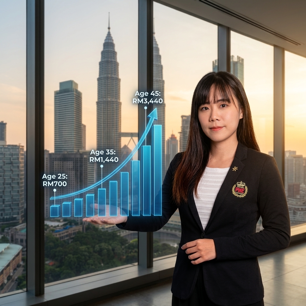 save 1 million by age 60 Malaysia - A professional Asian female advisor pointing at a digital chart showing the cost of delay in saving for retirement | 大马60岁前存下100万 - 一位专业的亚裔女性顾问指着显示延迟储蓄成本的数字图表